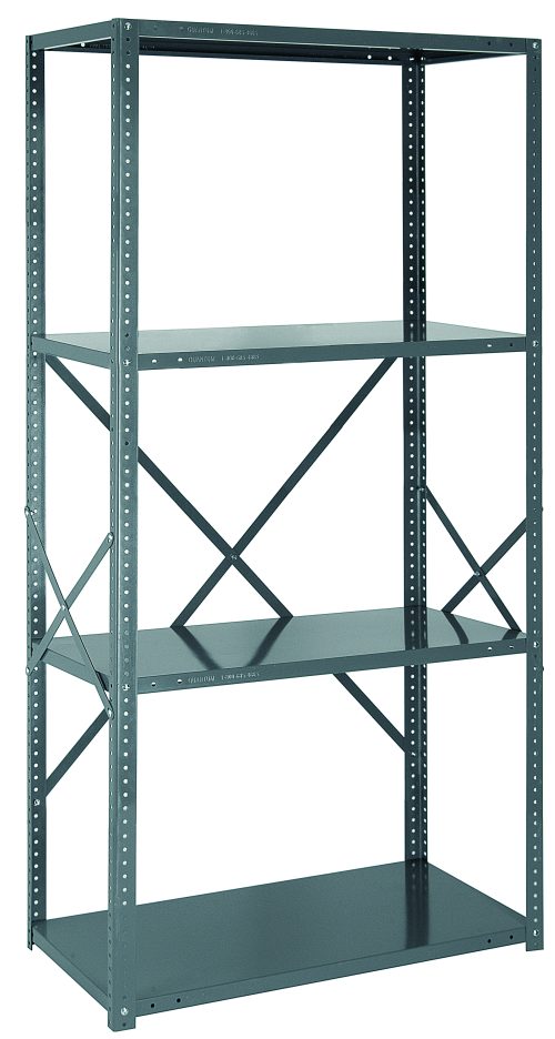 75-1836-4.jpg The Quantum Ironman features four adjustable 22-gauge steel shelves, a sturdy cross-brace for support, and is built for strength in workshops, garages, or warehouses. It measures 12W x 36L x 75H with a 400 lb load capacity per shelf.