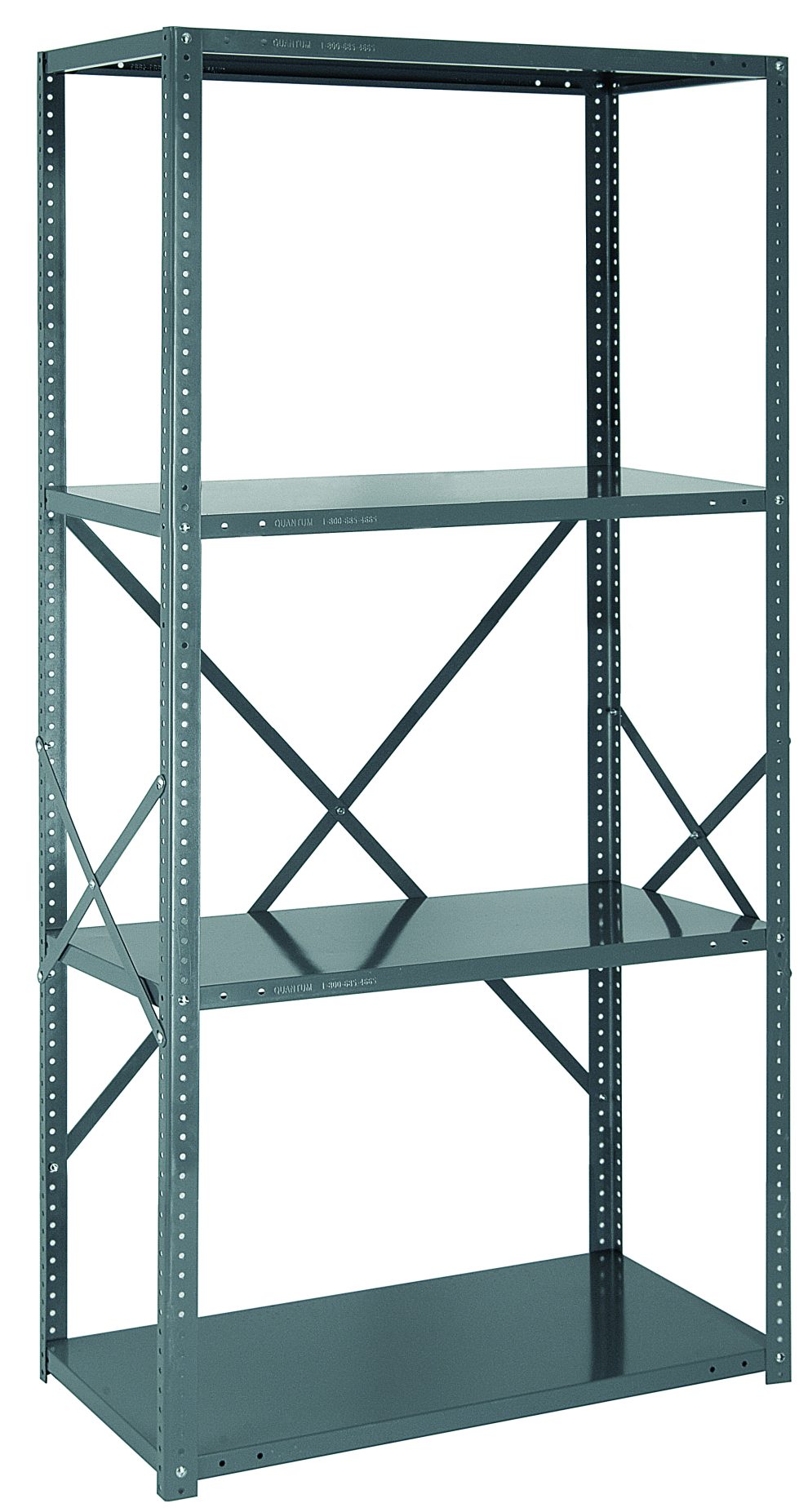 Quantum Ironman open steel shelving unit with four adjustable 22 gauge shelves and open sides