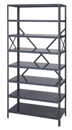 The Quantum Ironman, a tall freestanding open shelving unit, features 22-gauge steel with a 400 lb. load capacity per shelf and includes eight adjustable shelves. Its dark gray frame has cross-bracing support for efficient storage in spaces measuring 18W x 36L x 75H.