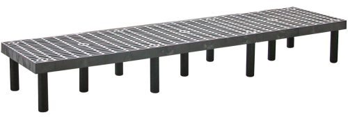 The Quantum Polymer Dunnage Rack, made in the USA, is a long rectangular polyethylene bench with a vented surface and multiple black cylindrical legs, featuring an impressive 1400 lb. load capacity.