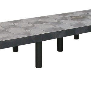 A long Quantum Polymer Dunnage Rack, featuring a solid gray surface and multiple black cylindrical legs, with an 1800 lb. load capacity, is set against a plain white background.