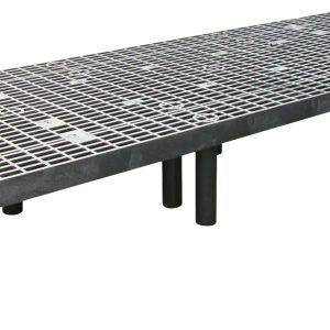 The Quantum Polymer Dunnage Rack is a rectangular platform with cylindrical black legs, designed for industrial use. Made in the USA from durable polyethylene, it features vented square openings and supports up to 2000 lbs.