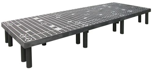 The Quantum Polymer Dunnage Rack is a rectangular platform with cylindrical black legs, designed for industrial use. Made in the USA from durable polyethylene, it features vented square openings and supports up to 2000 lbs.