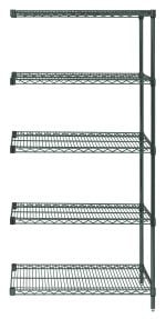 The Quantum Wire Shelving Add-On Kit features a simple industrial design with a tall, green metal finish. It includes five wire shelves and two posts, providing a sturdy 600 - 800 lb. capacity. Dimensions are 36W x 12D x 54H, with a green epoxy antimicrobial finish for durability.