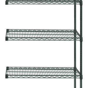 The Quantum Wire Shelving Add-On Kit features a simple industrial design with a tall, green metal finish. It includes five wire shelves and two posts, providing a sturdy 600 - 800 lb. capacity. Dimensions are 36W x 12D x 54H, with a green epoxy antimicrobial finish for durability.