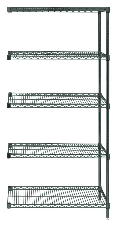 The Quantum Wire Shelving Add-On Kit features a simple industrial design with a tall, green metal finish. It includes five wire shelves and two posts, providing a sturdy 600 - 800 lb. capacity. Dimensions are 36W x 12D x 54H, with a green epoxy antimicrobial finish for durability.