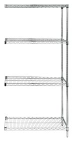 The Quantum Wire Shelving Add-On Kit measures 36W x 12D x 54H and contains (4) adjustable wire shelves. Constructed from 304 stainless steel, it features a wire mesh design with a sleek metallic finish and includes (2) posts and (8) S-hooks for organizing. Capacity: 600-800 lbs.