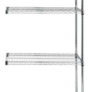 The Quantum Wire Shelving Add-On Kit measures 36W x 12D x 54H and contains (4) adjustable wire shelves. Constructed from 304 stainless steel, it features a wire mesh design with a sleek metallic finish and includes (2) posts and (8) S-hooks for organizing. Capacity: 600-800 lbs.
