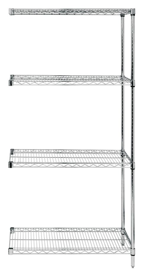 The Quantum Wire Shelving Add-On Kit measures 36W x 12D x 54H and contains (4) adjustable wire shelves. Constructed from 304 stainless steel, it features a wire mesh design with a sleek metallic finish and includes (2) posts and (8) S-hooks for organizing. Capacity: 600-800 lbs.