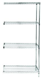 The Quantum Wire Shelving Add-On Kit, 36W x 12D x 54H, boasts a capacity of 600-800 lb and includes four adjustable wire shelves. Its minimalist design allows easy access from all sides. Comes with two posts and eight S-Hooks for versatility, finished in chrome-plated NSF. Ships KD.