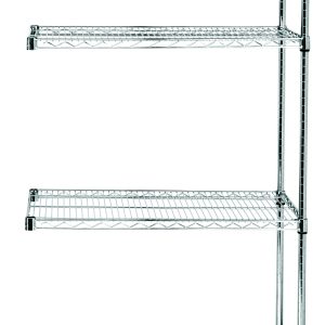 The Quantum Wire Shelving Add-On Kit, 36W x 12D x 54H, boasts a capacity of 600-800 lb and includes four adjustable wire shelves. Its minimalist design allows easy access from all sides. Comes with two posts and eight S-Hooks for versatility, finished in chrome-plated NSF. Ships KD.