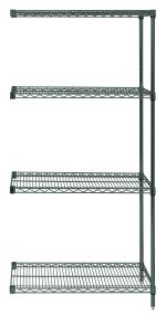 The Quantum Wire Shelving Add-On Kit (36W x 12D x 54H) features a green epoxy antimicrobial finish. It includes four adjustable wire shelves, two posts, and eight S-hooks, with a capacity of 600-800 lbs. This sturdy unit offers evenly spaced storage on small feet.