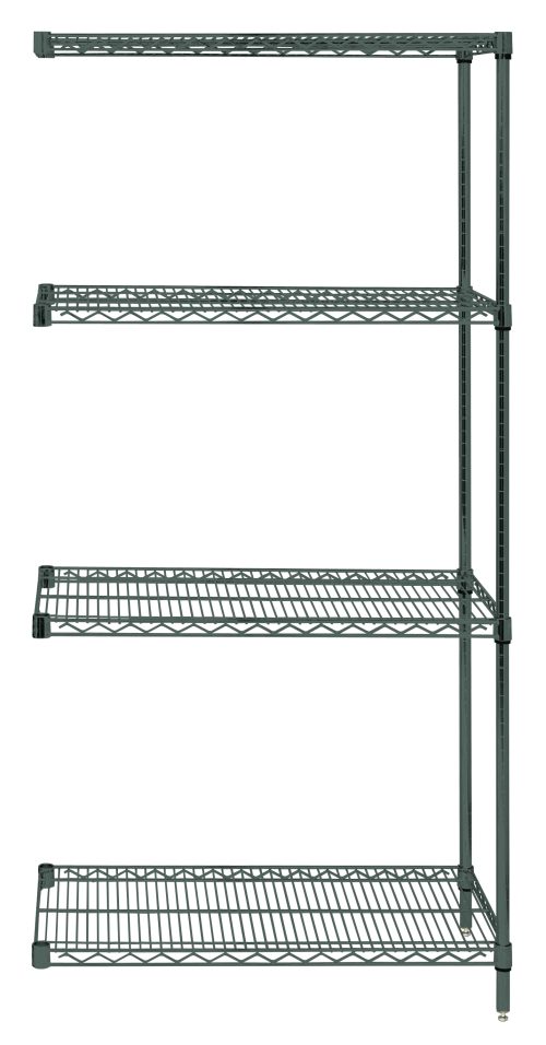 The Quantum Wire Shelving Add-On Kit (36W x 12D x 54H) features a green epoxy antimicrobial finish. It includes four adjustable wire shelves, two posts, and eight S-hooks, with a capacity of 600-800 lbs. This sturdy unit offers evenly spaced storage on small feet.