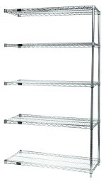 The Quantum Wire Shelving Add-On Kit, 36W x 12D x 54H, features five wire shelves with a 600-800 lb. capacity and includes two posts and ten S-Hooks. It has a chrome-plated finish for an enhanced design and ships KD (Knocked Down).