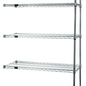 The Quantum Wire Shelving Add-On Kit, 36W x 12D x 54H, features five wire shelves with a 600-800 lb. capacity and includes two posts and ten S-Hooks. It has a chrome-plated finish for an enhanced design and ships KD (Knocked Down).