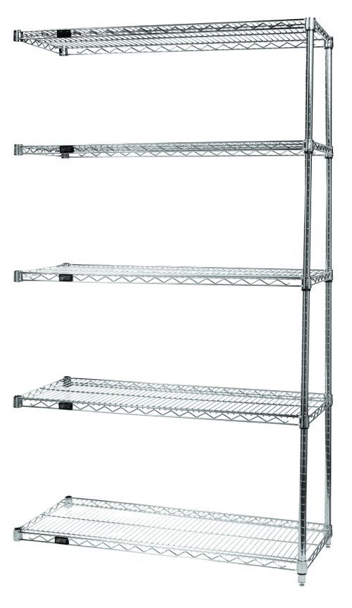 AD74-1836-5.jpg The Quantum Wire Shelving Add-On Kit, 36W x 12D x 54H, features five wire shelves with a 600-800 lb. capacity and includes two posts and ten S-Hooks. It has a chrome-plated finish for an enhanced design and ships KD (Knocked Down).