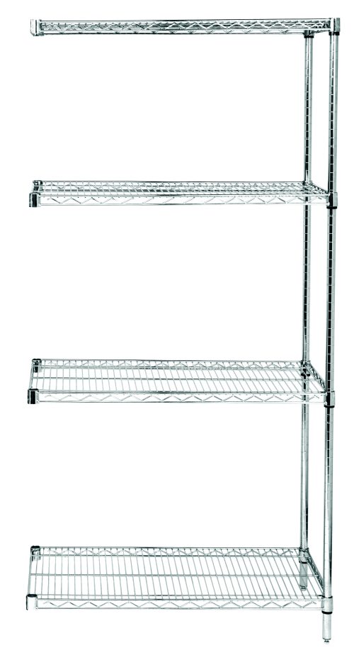 The Quantum Wire Shelving Add-On Kit, 36W x 12D x 54H, boasts a capacity of 600-800 lb and includes four adjustable wire shelves. Its minimalist design allows easy access from all sides. Comes with two posts and eight S-Hooks for versatility, finished in chrome-plated NSF. Ships KD.