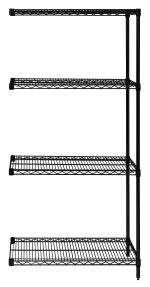The Quantum Wire Shelving Add-On Kit (36W x 12D x 54H) features a four-tier black metal wire design with a grid-like pattern, supported by two posts and S-hooks. Its black epoxy antimicrobial finish is perfect for organizing items, holding between 600-800 lbs capacity.