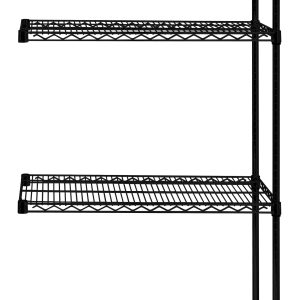 The Quantum Wire Shelving Add-On Kit (36W x 12D x 54H) features a four-tier black metal wire design with a grid-like pattern, supported by two posts and S-hooks. Its black epoxy antimicrobial finish is perfect for organizing items, holding between 600-800 lbs capacity.