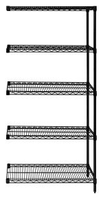 The Quantum Wire Shelving Add-On Kit measures 36W x 12D x 54H and includes five wire shelves with a black epoxy antimicrobial finish. It has a capacity of 600-800 lbs, is NSF certified, and comes with two posts and ten S-hooks, making it ideal for garage, kitchen, or office organization.