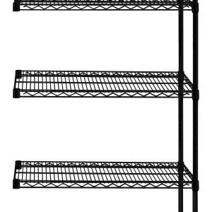 The Quantum Wire Shelving Add-On Kit measures 36W x 12D x 54H and includes five wire shelves with a black epoxy antimicrobial finish. It has a capacity of 600-800 lbs, is NSF certified, and comes with two posts and ten S-hooks, making it ideal for garage, kitchen, or office organization.