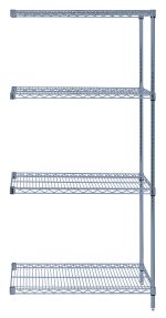 The Quantum Wire Shelving Add-On Kit features a minimalist industrial design with four wire shelves, measuring 36W x 12D x 54H. It includes two posts and eight S-hooks, offering a capacity of 600 - 800 lbs., perfect for organizing or displaying items. Finished in gray epoxy antimicrobial finish.
