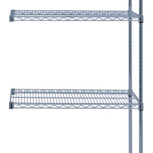 The Quantum Wire Shelving Add-On Kit features a minimalist industrial design with four wire shelves, measuring 36W x 12D x 54H. It includes two posts and eight S-hooks, offering a capacity of 600 - 800 lbs., perfect for organizing or displaying items. Finished in gray epoxy antimicrobial finish.
