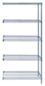 The Quantum Wire Shelving Add-On Kit, 36W x 12D x 54H, with a gray epoxy antimicrobial finish and NSF certification, features five adjustable shelves supported by two posts and ten S-hooks. It offers a sturdy design with a 600-800 lb. capacity for ample open storage.