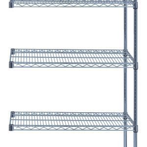 The Quantum Wire Shelving Add-On Kit, 36W x 12D x 54H, with a gray epoxy antimicrobial finish and NSF certification, features five adjustable shelves supported by two posts and ten S-hooks. It offers a sturdy design with a 600-800 lb. capacity for ample open storage.
