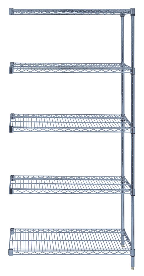 AD74-1836GY-5.jpg The Quantum Wire Shelving Add-On Kit, 36W x 12D x 54H, with a gray epoxy antimicrobial finish and NSF certification, features five adjustable shelves supported by two posts and ten S-hooks. It offers a sturdy design with a 600-800 lb. capacity for ample open storage.