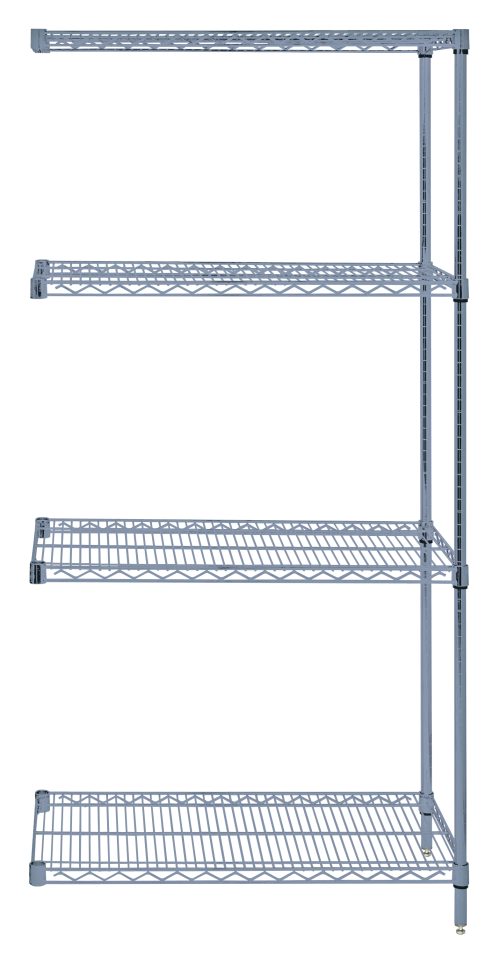 The Quantum Wire Shelving Add-On Kit features a minimalist industrial design with four wire shelves, measuring 36W x 12D x 54H. It includes two posts and eight S-hooks, offering a capacity of 600 - 800 lbs., perfect for organizing or displaying items. Finished in gray epoxy antimicrobial finish.