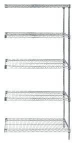The Quantum Wire Shelving Add-On Kit measures 36W x 12D x 54H and includes five wire shelves with a load capacity of 600–800 lbs. Supported by two posts and ten S-hooks, its crafted from NSF-approved 304 stainless steel, offering a sleek and minimalist open design.
