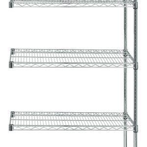 The Quantum Wire Shelving Add-On Kit measures 36W x 12D x 54H and includes five wire shelves with a load capacity of 600–800 lbs. Supported by two posts and ten S-hooks, its crafted from NSF-approved 304 stainless steel, offering a sleek and minimalist open design.