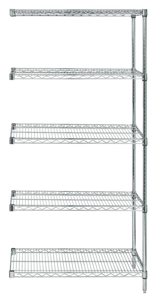 The Quantum Wire Shelving Add-On Kit measures 36W x 12D x 54H and includes five wire shelves with a load capacity of 600–800 lbs. Supported by two posts and ten S-hooks, its crafted from NSF-approved 304 stainless steel, offering a sleek and minimalist open design.