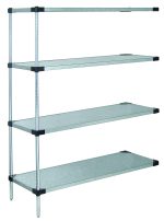 The Quantum Solid Shelving Add-On Kit, 36W x 14D x 54H, includes four solid shelves and supports a 300 - 600 lb. capacity. Made of galvanized steel, it comes with two posts, eight S-hooks for versatility, and features reinforceable corners with an industrial design. Ships K.D., NSF certified.