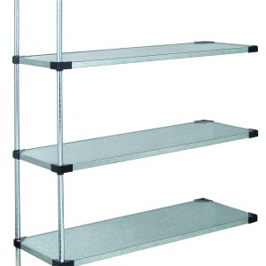 The Quantum Solid Shelving Add-On Kit, 36W x 14D x 54H, includes four solid shelves and supports a 300 - 600 lb. capacity. Made of galvanized steel, it comes with two posts, eight S-hooks for versatility, and features reinforceable corners with an industrial design. Ships K.D., NSF certified.