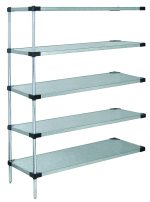 The Quantum Solid Shelving Add-On Kit, measuring 36W x 14D x 54H and made of galvanized steel, includes five adjustable solid shelves with black supports and a silver frame. It can hold 300-600 lbs but remains unoccupied.