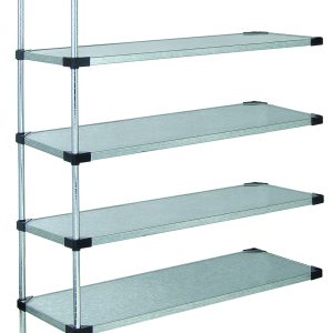 The Quantum Solid Shelving Add-On Kit, measuring 36W x 14D x 54H and made of galvanized steel, includes five adjustable solid shelves with black supports and a silver frame. It can hold 300-600 lbs but remains unoccupied.