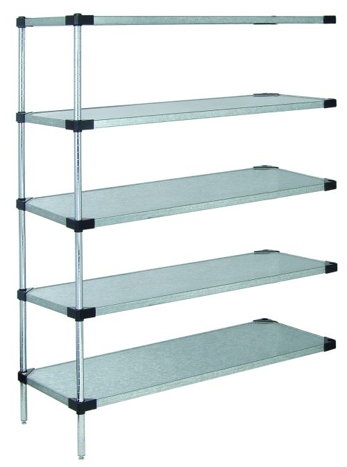 The Quantum Solid Shelving Add-On Kit, measuring 36W x 14D x 54H and made of galvanized steel, includes five adjustable solid shelves with black supports and a silver frame. It can hold 300-600 lbs but remains unoccupied.