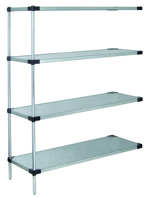 The Quantum Solid Shelving Add-On Kit, 36W x 14D x 54H, includes four solid shelves and supports a 300 - 600 lb. capacity. Made of galvanized steel, it comes with two posts, eight S-hooks for versatility, and features reinforceable corners with an industrial design. Ships K.D., NSF certified.