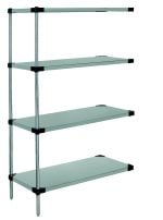 The Quantum Solid Shelving Add-On Kit, made of 304 stainless steel, includes four adjustable solid shelves and four supporting posts. Measuring 36W x 14D x 54H, it features a minimalistic design for efficient storage or organization, with a capacity of 300–600 lbs.