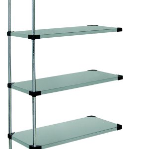 The Quantum Solid Shelving Add-On Kit, made of 304 stainless steel, includes four adjustable solid shelves and four supporting posts. Measuring 36W x 14D x 54H, it features a minimalistic design for efficient storage or organization, with a capacity of 300–600 lbs.