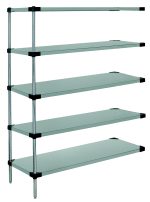 The Quantum Solid Shelving Add-On Kit features five solid shelves with a 300-600 lb. capacity, supported by four posts. Made from 304 stainless steel, it measures 36W x 14D x 54H and includes ten S-hooks. Its minimalist design complements clean white spaces beautifully.
