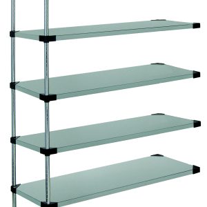 The Quantum Solid Shelving Add-On Kit features five solid shelves with a 300-600 lb. capacity, supported by four posts. Made from 304 stainless steel, it measures 36W x 14D x 54H and includes ten S-hooks. Its minimalist design complements clean white spaces beautifully.