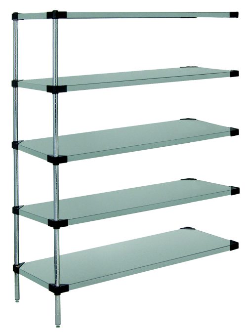 AD74-SS-5.jpg The Quantum Solid Shelving Add-On Kit features five solid shelves with a 300-600 lb. capacity, supported by four posts. Made from 304 stainless steel, it measures 36W x 14D x 54H and includes ten S-hooks. Its minimalist design complements clean white spaces beautifully.