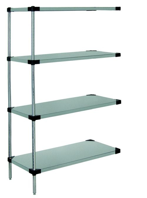 The Quantum Solid Shelving Add-On Kit, made of 304 stainless steel, includes four adjustable solid shelves and four supporting posts. Measuring 36W x 14D x 54H, it features a minimalistic design for efficient storage or organization, with a capacity of 300–600 lbs.