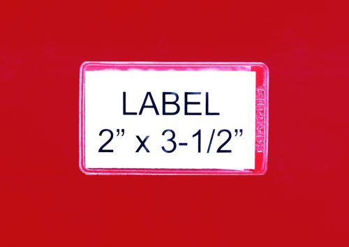 lable A close-up of a white label against a red background showcases the Quantum Adhesive Label Holder with clear black text, measuring 3-1/2 x 2. Ideal for inserts, this design comes in a convenient pack of 24.