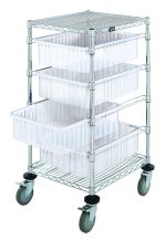 The Quantum Bin Cart is a chrome-plated utility cart measuring 21W x 24L x 45H. It features two wire shelves and four clear DG93060 bins (22-1/2L x 17-1/2W x 6H), along with casters for easy mobility, making it ideal for organized storage solutions.