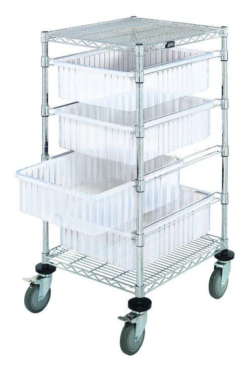 BC212434M1CL.jpg The Quantum Bin Cart is a chrome-plated utility cart measuring 21W x 24L x 45H. It features two wire shelves and four clear DG93060 bins (22-1/2L x 17-1/2W x 6H), along with casters for easy mobility, making it ideal for organized storage solutions.