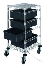 The Quantum Bin Cart is a mobile utility cart measuring 21W x 24L x 45H with a chrome-plated finish. It includes two wire shelves, four black bins sized 22-1/2L x 17-1/2W x 6H, and casters for easy maneuverability, featuring a conductive mesh top shelf and open sides for quick access.